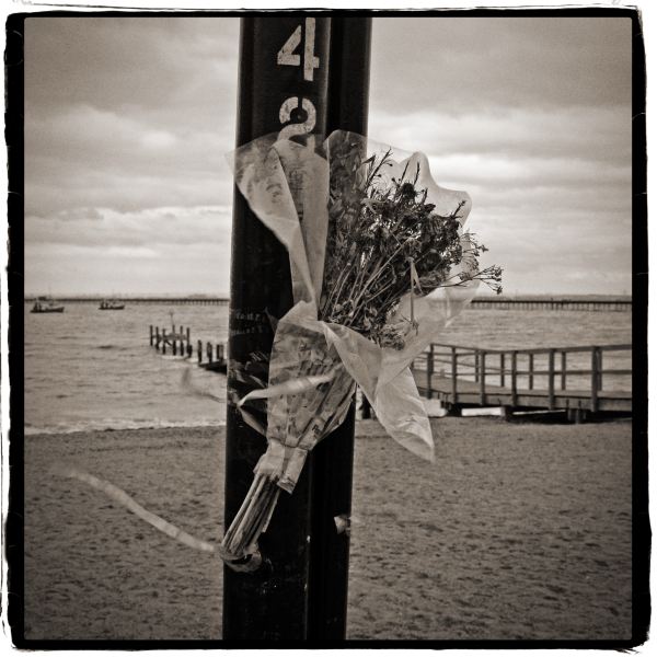 Flowers on pole by sea - from Discarded - a photographic essay by Christopher John Ball Photographer and Writer